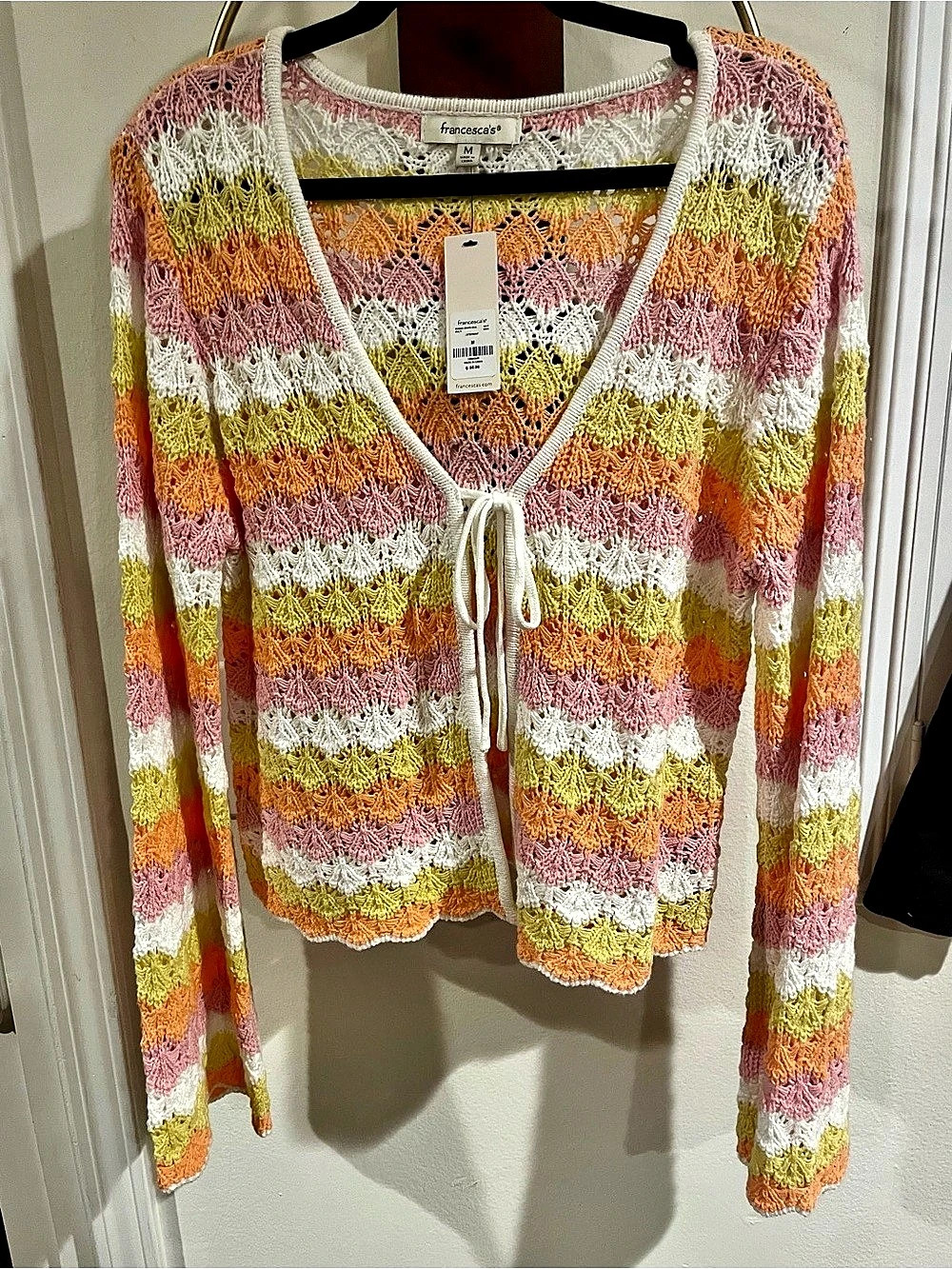 francesca's Multi Striped Crochet Tie Front Cardigan Medium